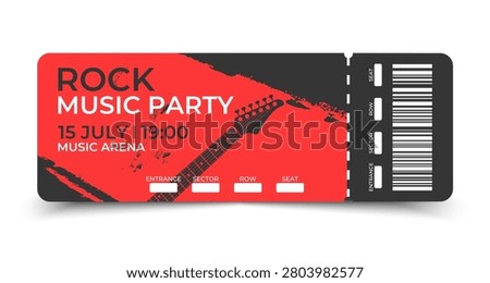 Ticket template design for Rock music party. Music event coupon with guitar silhouette and grunge texture. Vector illustration
