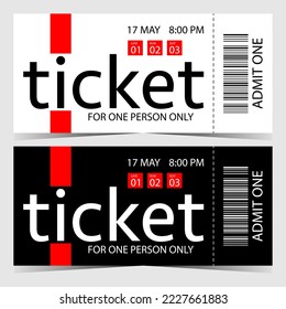 Ticket template design. Vector modern ticket with event date and time, barcode, in black, white and red colours. Coupon or talon for cinema, show, concert, festival, party, disco or club entrance.