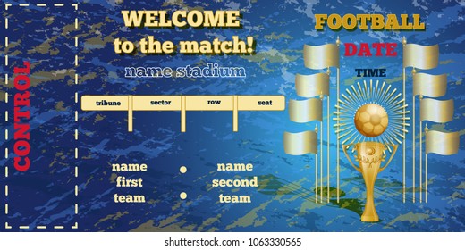 Ticket template for a football match. Rectangular horizontal ticket, gold figure football player with a ball and flagpoles, graph for recording information. Blue background. Vector sport illustration.
