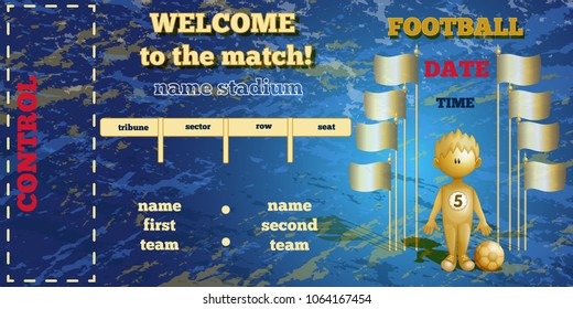 Ticket template for a football match. Rectangular horizontal ticket, gold figure football player with a ball and flagpoles, graph for recording information. Blue background. Vector sport illustration.