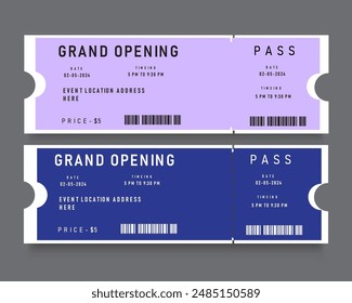 ticket template for, cinema, concert, party, sports