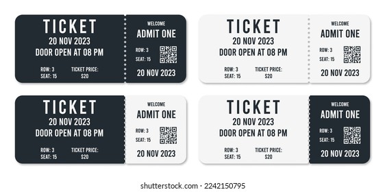 Ticket template with QR code. Admit ticket with date, row and seat for entrance to different events. Tickets mockup for cinema, concert or sports events with QR code for scan. Vector.