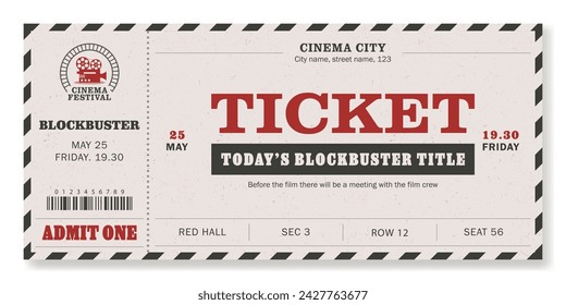 A ticket template in retro style on light background. For cinemas, parties, clubs, concerts and other events. Vector, printable. Just add your text.