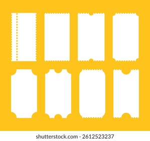 Ticket template set. Admit one ticket. Vintage, retro ticket. Concert, festival event, movie theater coupon. Printable, digital icon. Empty flat samples mockup. Ticket minimal pattern. Blank backdrop.