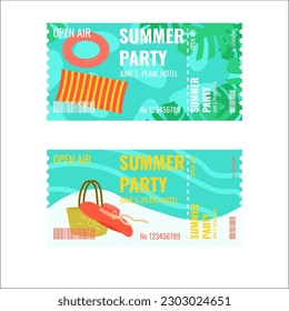 A ticket template for a summer party. Horizontal colorful layout design for events, web banners, posters. Vector illustration.