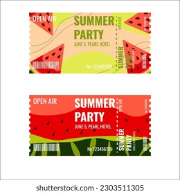 A ticket template for a summer party. Watermelon background. Horizontal colorful layout design for events, web banners, posters. Vector illustration.