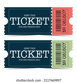 Ticket template vector illustration in flat style. Ticket with barcode and detachable part. Entrance tear-off ticket for theatre, circus, cinema, concert, party, event or festival.