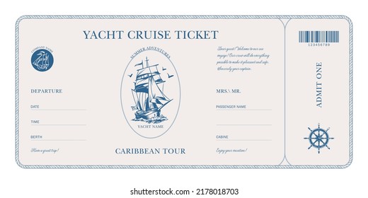 Ticket template for a yacht tour in blue. For cruise and travel companies. Suitable for printing.