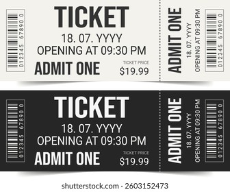 Ticket templates. Admit one ticket designs. Vector illustration.