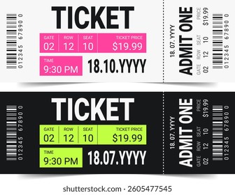 Ticket templates. Admit one ticket designs. Vector illustration.