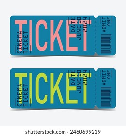 Ticket templates with barcode and rounded corners. Flat vector illustration set for theatre, cinema, concert or event. Modern design, bright colours