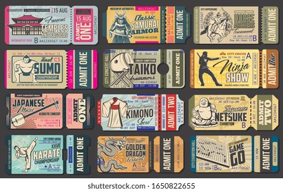 Ticket templates of Japanese travel vector design. Entrance coupons of asian dragon and music festivals, kimono and samurai armor museum exhibitions, sumo championship, ninja and horse archer shows