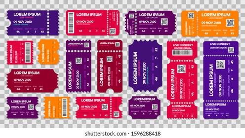 Ticket templates mockup, concert and movie ticket. Vector illustration on background