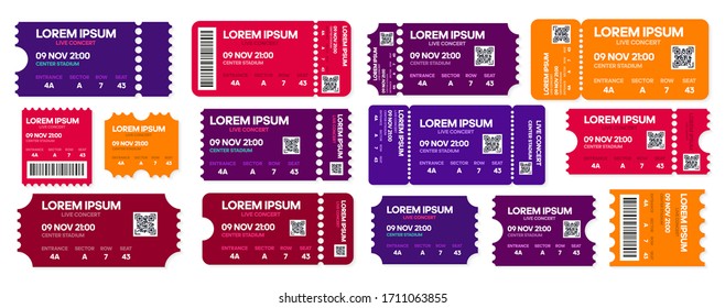 Ticket templates mockup, concert and movie ticket. Vector illustration on background