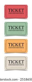 Ticket templates in pastel colors isolated on white background. Event ticket, front view. Vector illustration