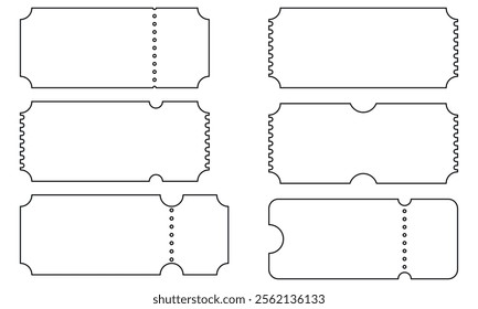 Ticket Templates Set, Contour, Collection of Blank Empty Ticket and Coupon Template, Line Frame, Vector
