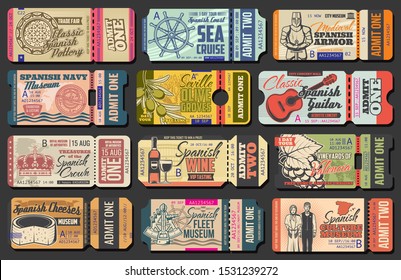 Ticket templates of Spanish museums, music concert and sea cruise, trade fair, olive farm and vineyard admission events. Vector entrance coupons with guitar, cheese and helm, wine, grapes and pottery