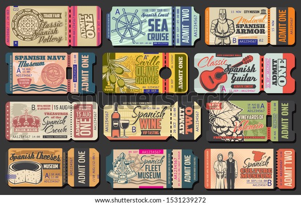 Ticket templates of Spanish museums, music\
concert and sea cruise, trade fair, olive farm and vineyard\
admission events. Vector entrance coupons with guitar, cheese and\
helm, wine, grapes and\
pottery