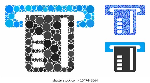 Ticket terminal composition of round dots in variable sizes and color hues, based on ticket terminal icon. Vector round dots are composed into blue composition.