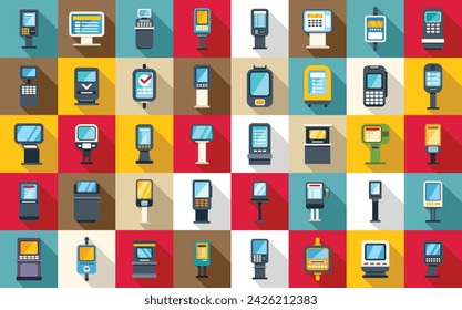 Ticket terminal icons set flat vector. City security. Self info screen