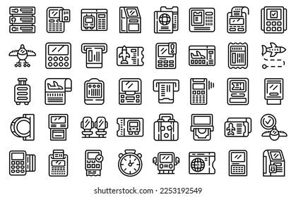 Los iconos de terminal de tickets establecen el vector de contorno. Teléfono móvil de la ciudad. Viajes de seguridad