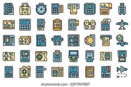 Ticket terminal icons set outline vector. City mobile. Security travel thin line color on white