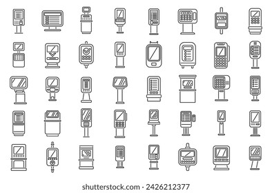 Ticket terminal icons set outline vector. City security. Self info screen