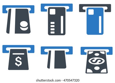 Ticket Terminal vector icons. Icon style is bicolor smooth blue flat symbols with rounded angles on a white background.