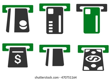 Ticket Terminal vector icons. Pictogram style is bicolor green and gray flat icons with rounded angles on a white background.