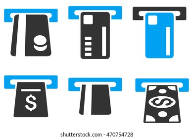 Ticket Terminal vector icons. Pictogram style is bicolor blue and gray flat icons with rounded angles on a white background.