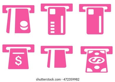 Ticket Terminal vector icons. Pictogram style is pink flat icons with rounded angles on a white background.