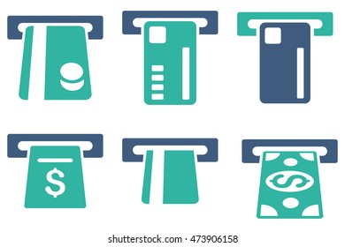 Ticket Terminal vector icons. Pictogram style is bicolor cobalt and cyan flat icons with rounded angles on a white background.