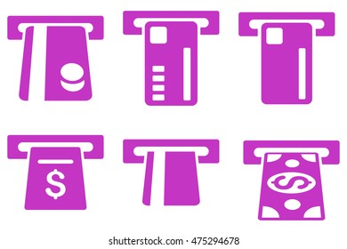 Ticket Terminal vector icons. Pictogram style is violet flat icons with rounded angles on a white background.
