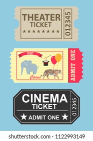 A ticket to the theater, a movie ticket, a ticket to the circus. Flat design, vector illustration, vector.