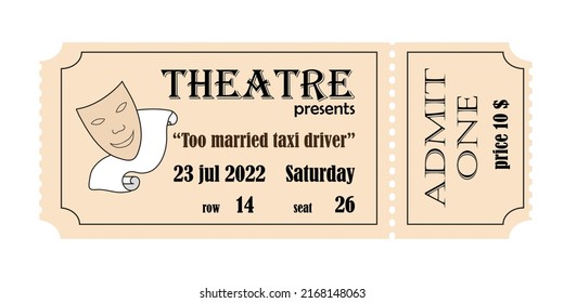 A ticket to the theater, a performance, an opera. Flat vector illustration