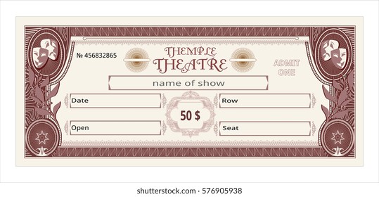 ticket theater vintage show opera concert ballet coupon, invitation, admit one, price, performance