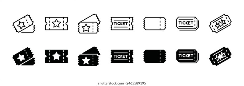 Ticket thin line icon set. Containing raffle, cinema, coupon, vouchers, token, discount, vacation, shopping. Ticket of event, movie, theatre, entry, travel, show, concert, and tournament. Vector