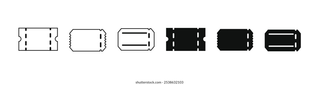 Conjunto de iconos de línea fina de ticket. Contiene rifa, cine, Cupón, vales, token, descuento, vacaciones, compras. Ticket de evento, cine, teatro, entrada, viaje, espectáculo, concierto y torneo. Vector