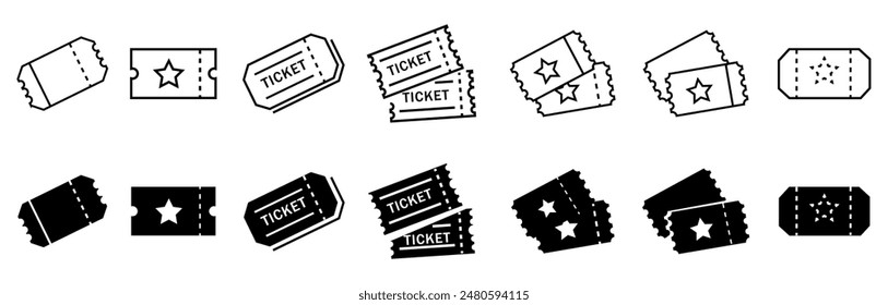 Ticket thine line icon set with editable stroke.Vouchers, coupon, token for movie theatre, entry, travel vector illustration.