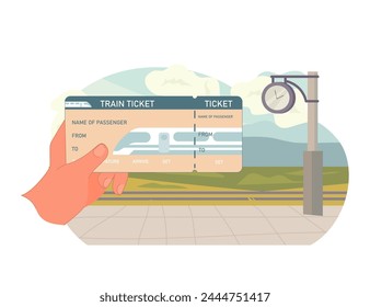 Boleto para viajar. Una mano sostiene un billete de tren en la estación, simbolizando el inicio de un nuevo viaje entre paisajes tranquilos.