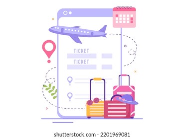 Ticket Travel Online Booking Service App on Smartphone Template Hand Drawn Cartoon Flat Illustration for Trip Planning 