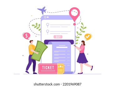 Ticket Travel Online Booking Service App on Smartphone Template Hand Drawn Cartoon Flat Illustration for Trip Planning 