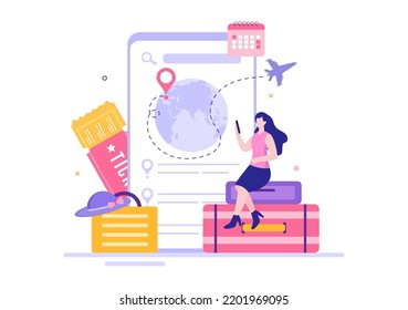 Ticket Travel Online Booking Service App on Smartphone Template Hand Drawn Cartoon Flat Illustration for Trip Planning 