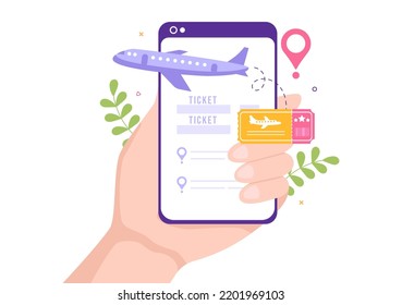 Ticket Travel Online Booking Service App on Smartphone Template Hand Drawn Cartoon Flat Illustration for Trip Planning 