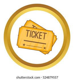 Ticket vector icon in golden circle, cartoon style isolated on white background