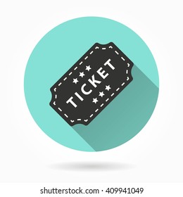 Ticket   vector icon with long shadow. White illustration isolated on green background for graphic and web design.  