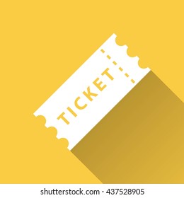 Ticket vector icon with long shadow. White illustration isolated on yellow background for graphic and web design.