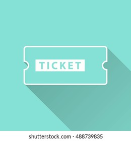 Ticket vector icon with long shadow. White illustration isolated on green background for graphic and web design.