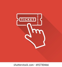 Ticket vector icon with long shadow. White illustration isolated on red background for graphic and web design.