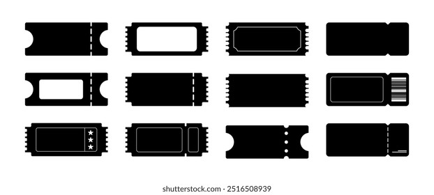 Conjunto de iconos de Vector de boletos, Elementos gráficos de Cupón aislado negro, DiscountPromotion Tags, cupón, boleto de película, concierto, letrero de vacaciones, ilustración de entretenimiento, stock de Vector para negocios (editable)